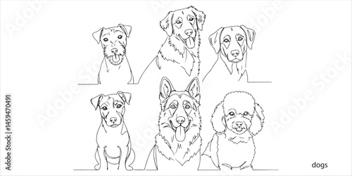 different dogs looking at camera continuous single line art drawing sketch on white background