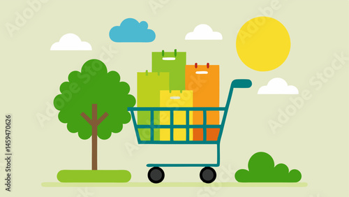 Shopping Cart Full of Green Goods A shopping cart b with sustainably packaged products and ecofriendly wrapping supplies parked under a tree with a smiling sun.