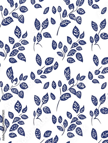 Repeating pattern of dark-blue stylized leaves and branches on a white background