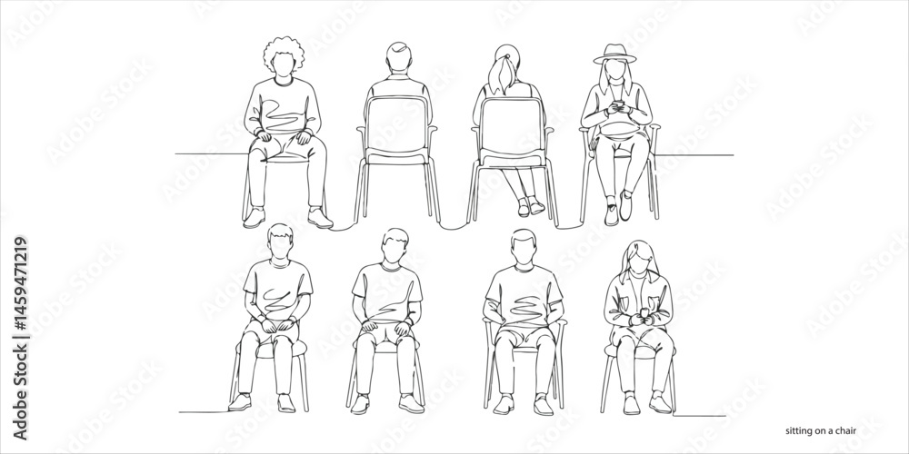 People sitting on a chair and waiting continuous single line art drawing sketch on white background People sitting on a chair and waiting continuous single line art drawing sketch on white background