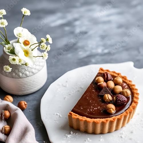 Delicious chocolate hazelnut frangipane tart with minimalist presentation