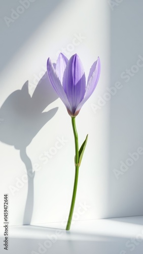A purple flower with a long stem and shadow on the white background