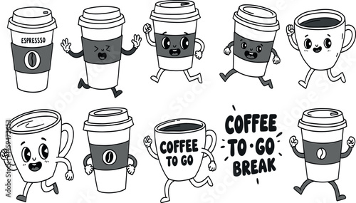 Cartoon coffee character. Comic vintage style coffee to go poster. Retro concept with breakfast drinks in cup for cafe. Walking mascot cappuccino take away