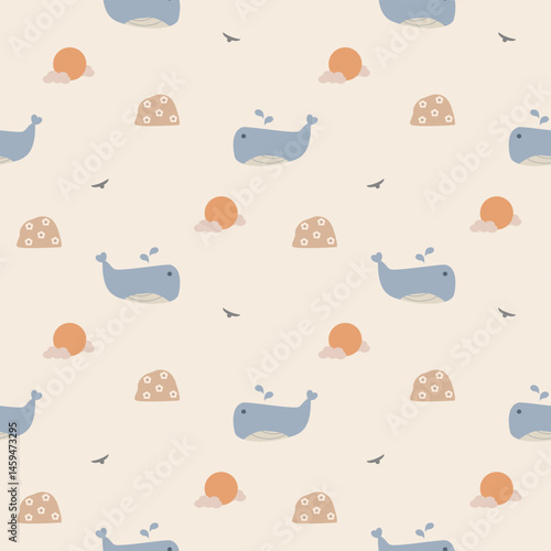 Whale cartoon so cute. On sun cloud bird mountain flower background. Pattern seamless vector illustration. 