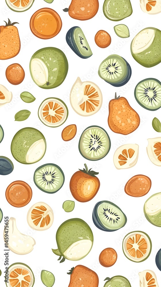 Vibrant pattern of halved citrus and kiwi fruit Vibrant pattern of halved citrus and kiwi fruit