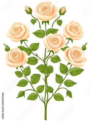 A cluster of pale peach roses with green leaves and buds