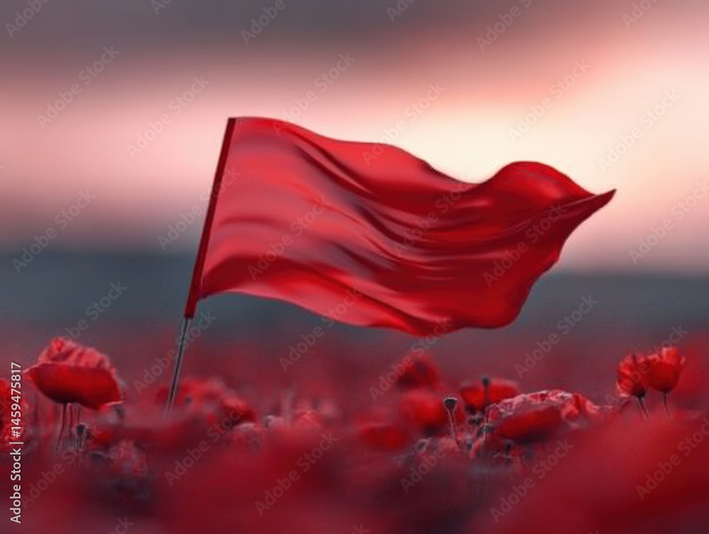 Red flag over field of flowers