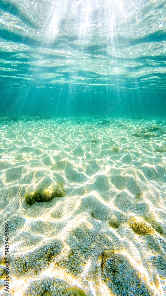 Fototapeta premium Underwater view with sun rays shining through turquoise water, sandy seabed
