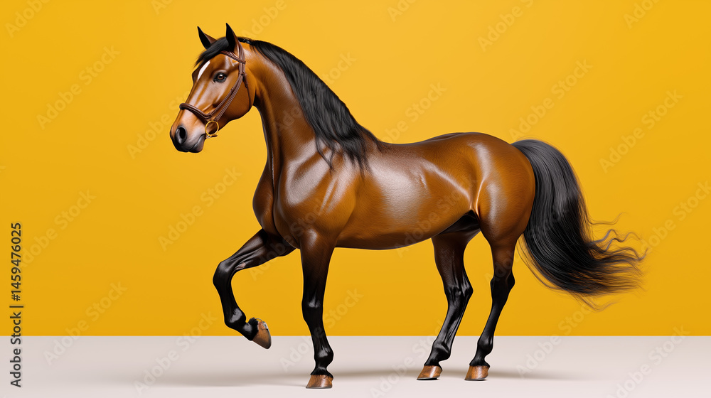 Obraz premium Brown horse walking gracefully against a vibrant yellow backdrop