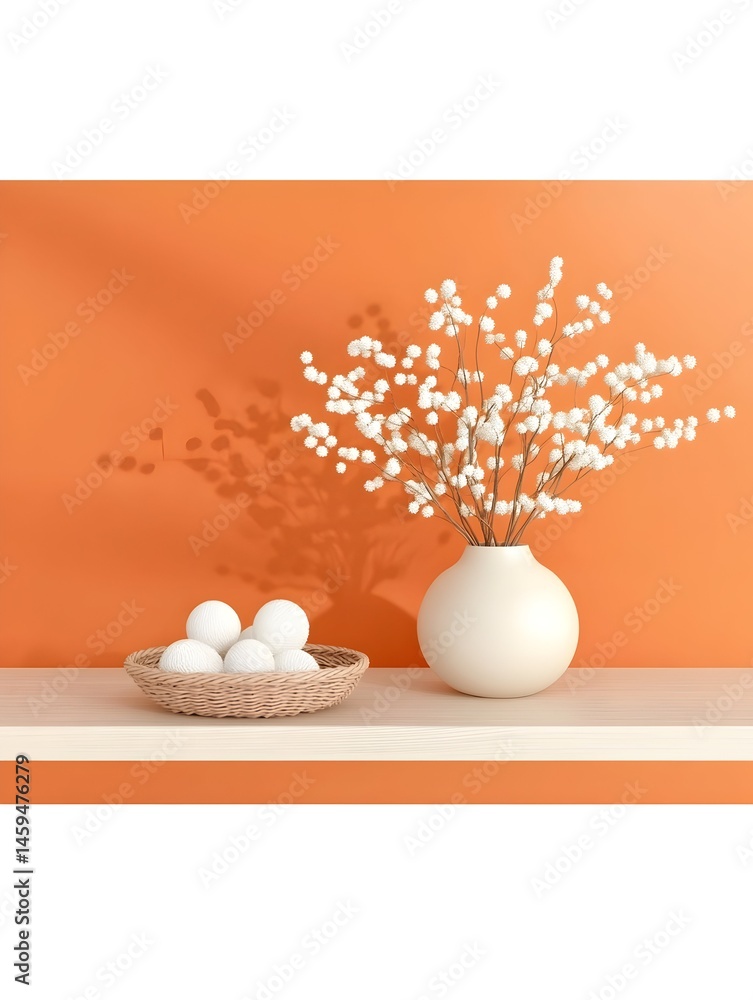 Fototapeta premium White blossoms in vase, white spheres in bowl on orange shelf
