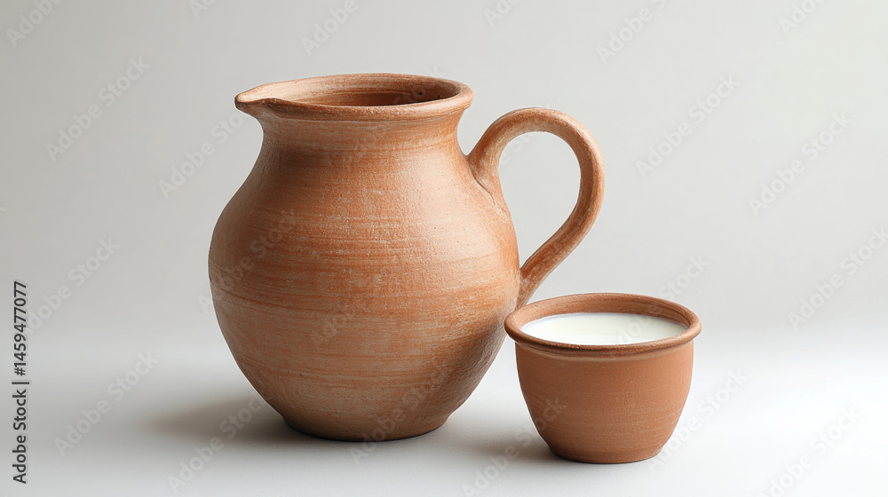 Clay jug accompanied by a cup of milk displayed on a white background Clay jug accompanied by a cup of milk displayed on a white background