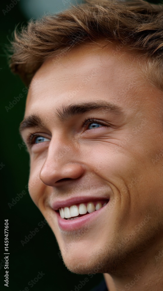 Fototapeta premium Attractive young man smiles with genuine joy happy expression and light brown hair close up portrait of positive attitude and youthful energy