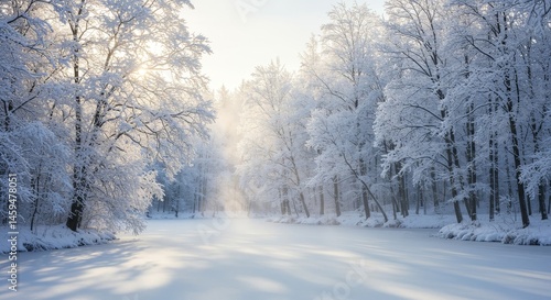 Wallpaper Mural Winter Wonderland: Snow Covered Forest and Frozen Lake - Serene winter scene, snow-laden trees, frozen lake reflecting sunlight, peaceful atmosphere, symbolizing tranquility, purity, beauty Torontodigital.ca