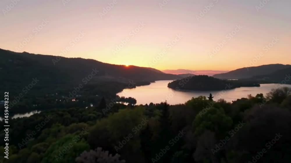 Wide-angle sunset scene above a peaceful lakeside
Wide-angle sunset scene above a peaceful lakeside