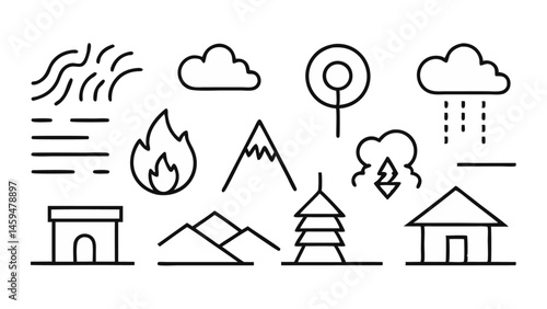 Disaster Weather Hazard Line Icon Set for Pictograms and Symbols