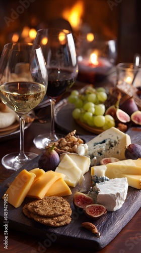 Obraz na płótnie Cheese Board and Wine: Elegant Gourmet Appetizer w salonie