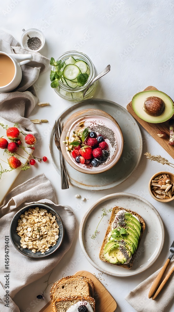 Healthy Breakfast Flat Lay: Yogurt, Granola, Toast, Avocado