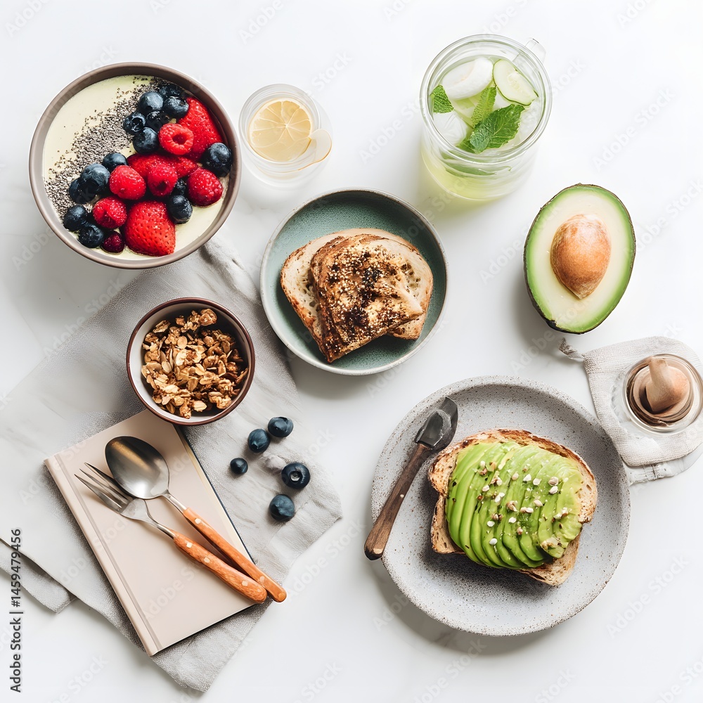 Healthy Breakfast Flat Lay: Yogurt, Granola, Toast, Avocado