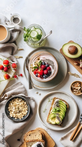 Obraz na płótnie Healthy Breakfast Flat Lay: Yogurt, Granola, Toast, Avocado w salonie