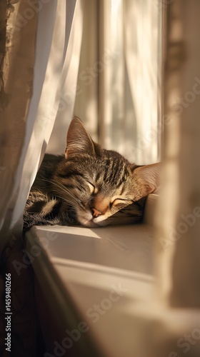 Obraz na płótnie Sleeping Tabby Cat: Cozy Kitten Napping by Window w salonie