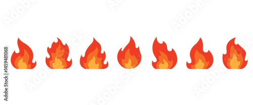 Set of vector red fire icons in simple shapes. Fire icons in flat style. Fire symbols. Vector illustration of fire, wildfire and campfire on transparent background.