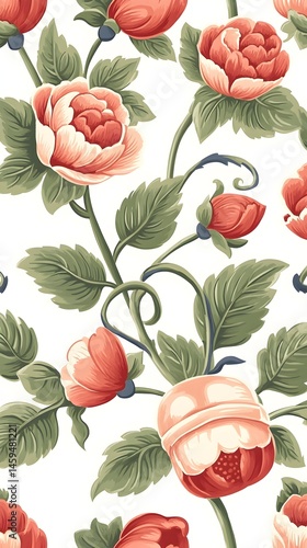 Elegant coral roses and green leaves in a seamless pattern