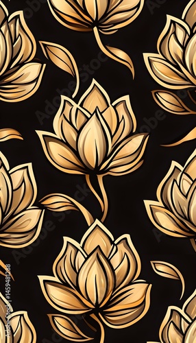 Elegant gold floral pattern on black background, featuring stylized lotus-like flowers with leaves