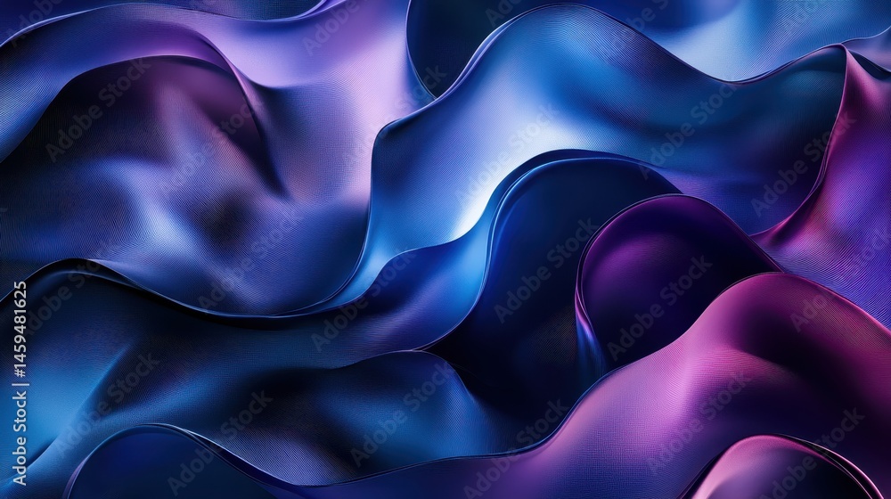 Fototapeta premium Abstract metallic waves with blue and purple gradient color and smooth reflective surface texture background.