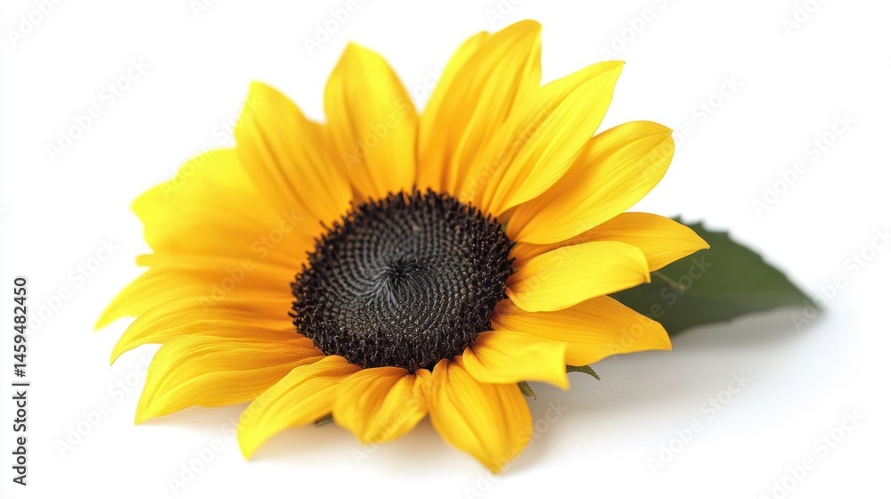 Fototapeta premium Closeup of a single beautiful bright yellow sunflower bloom surrounded by lush green leaves and petals against a natural outdoor background