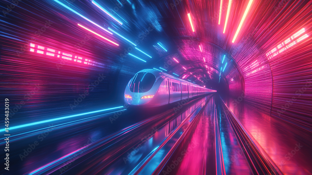 Futuristic Train In A Neon Tunnel Futuristic Train In A Neon Tunnel