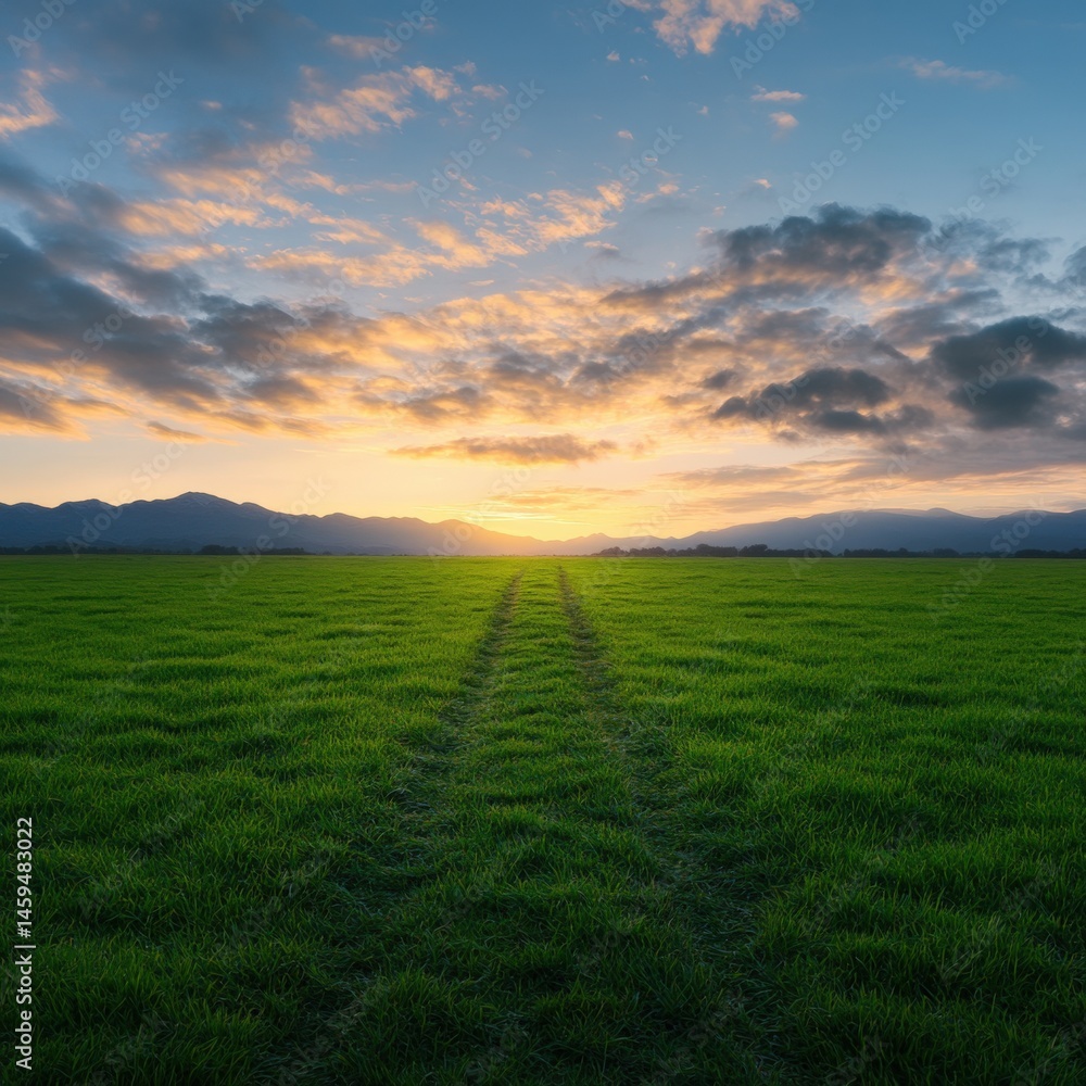 Fototapeta premium Green field with mountains at sunset