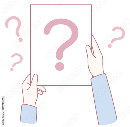 A playful illustration of hands holding a blank sheet with question marks, symbolizing curiosity and exploration