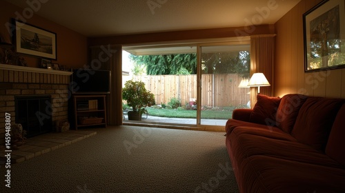 A cozy living room with a fireplace and a view of the backyard.