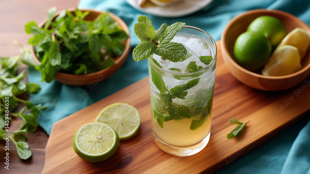 A refreshing mojito cocktail with fresh mint, lime, and sparkling soda in a clear tall glass, vibrant summer vibe.