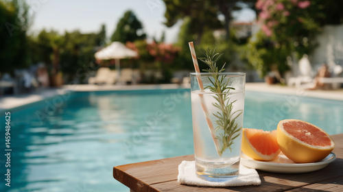 A stylish gin and tonic with rosemary and grapefruit garnish, placed beside a luxury pool, bright clear afternoon.