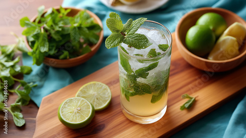Obraz na płótnie A refreshing mojito cocktail with fresh mint, lime, and sparkling soda in a clear tall glass, vibrant summer vibe. w salonie