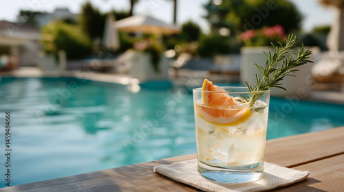 A stylish gin and tonic with rosemary and grapefruit garnish, placed beside a luxury pool, bright clear afternoon.