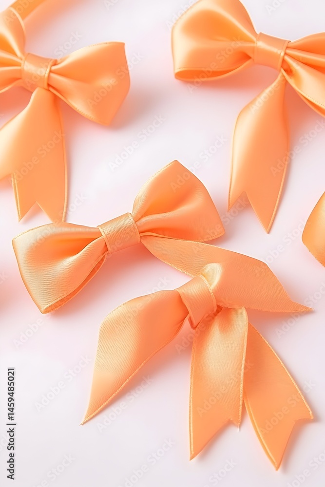 Peach satin bows scattered on white background Peach satin bows scattered on white background