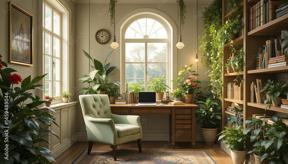 Serene Study Nook Green Armchair, Wooden Desk, Plants Serene Study Nook Green Armchair, Wooden Desk, Plants