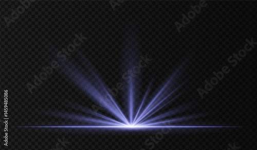 Blue radial spotlight with transparent rays on dark background. Glowing light burst from ground level, ideal for theater scenes, stage lighting, or product highlights.