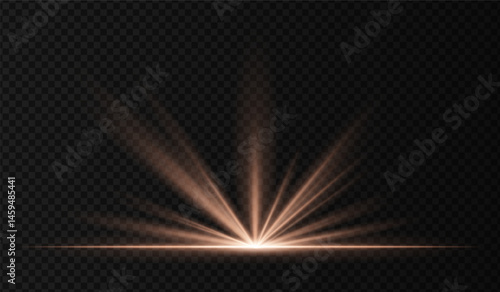 Orange radial spotlight with transparent rays on dark background. Glowing light burst from ground level, ideal for theater scenes, stage lighting, or product highlights.