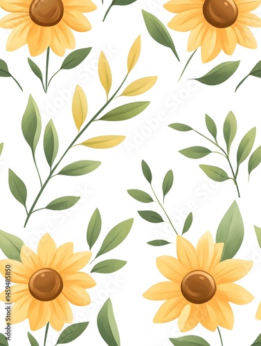 Seamless pattern of sunflowers and foliage on white