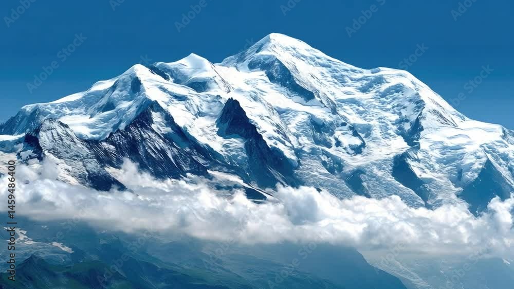 Majestic Snow-Capped Mountain Peaks Surrounded by Clear Blue Sky and Soft White Clouds Majestic Snow-Capped Mountain Peaks Surrounded by Clear Blue Sky and Soft White Clouds