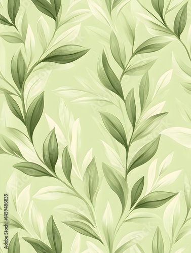 Soft green foliage pattern, seamless design, light pastel background, stylized leaves, elegant botanical print