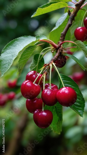 Fresh, ripe cherries hanging from a branch with green leaves in a natural garden or orchard setting, highlighting their vibrant red color
