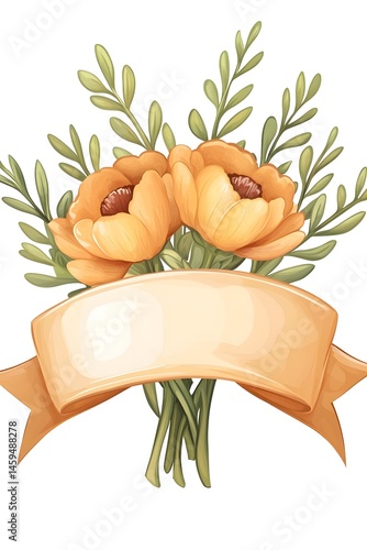 Two yellow flowers with green leaves tied with a blank banner