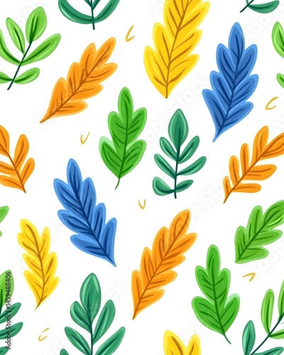 Vibrant leaf pattern in blue, green, yellow, and orange