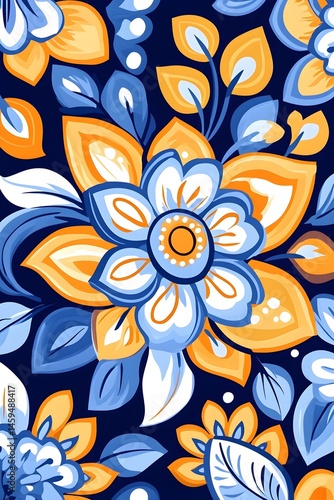 Vibrant floral pattern in blue, orange, and white