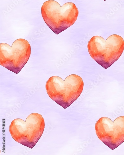 Watercolor hearts on a lavender background