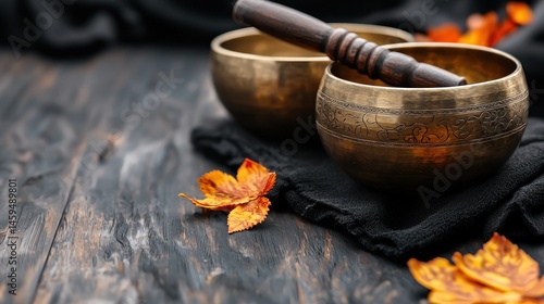 Two brass singing bowls, a wooden mallet, and autumn leaves on a dark wooden surface.